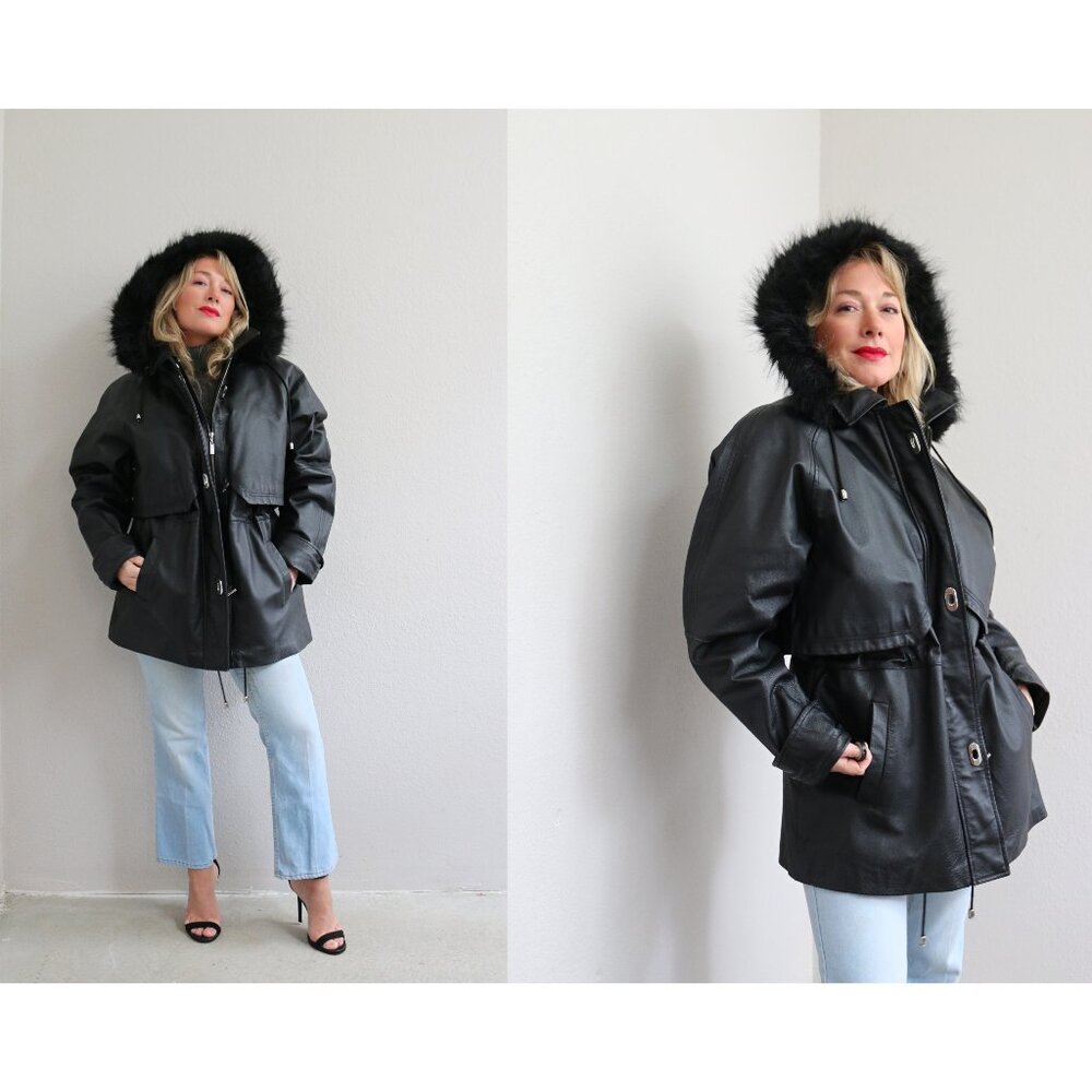 2000's Croft & Barrow Hooded Leather Parka ~ Women's Medium to Large MD LG